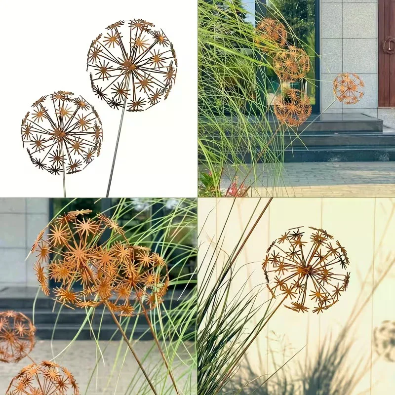 Vintage Metal 3D Dandelion Garden Sculpture Stake for Outdoor Yard Decor