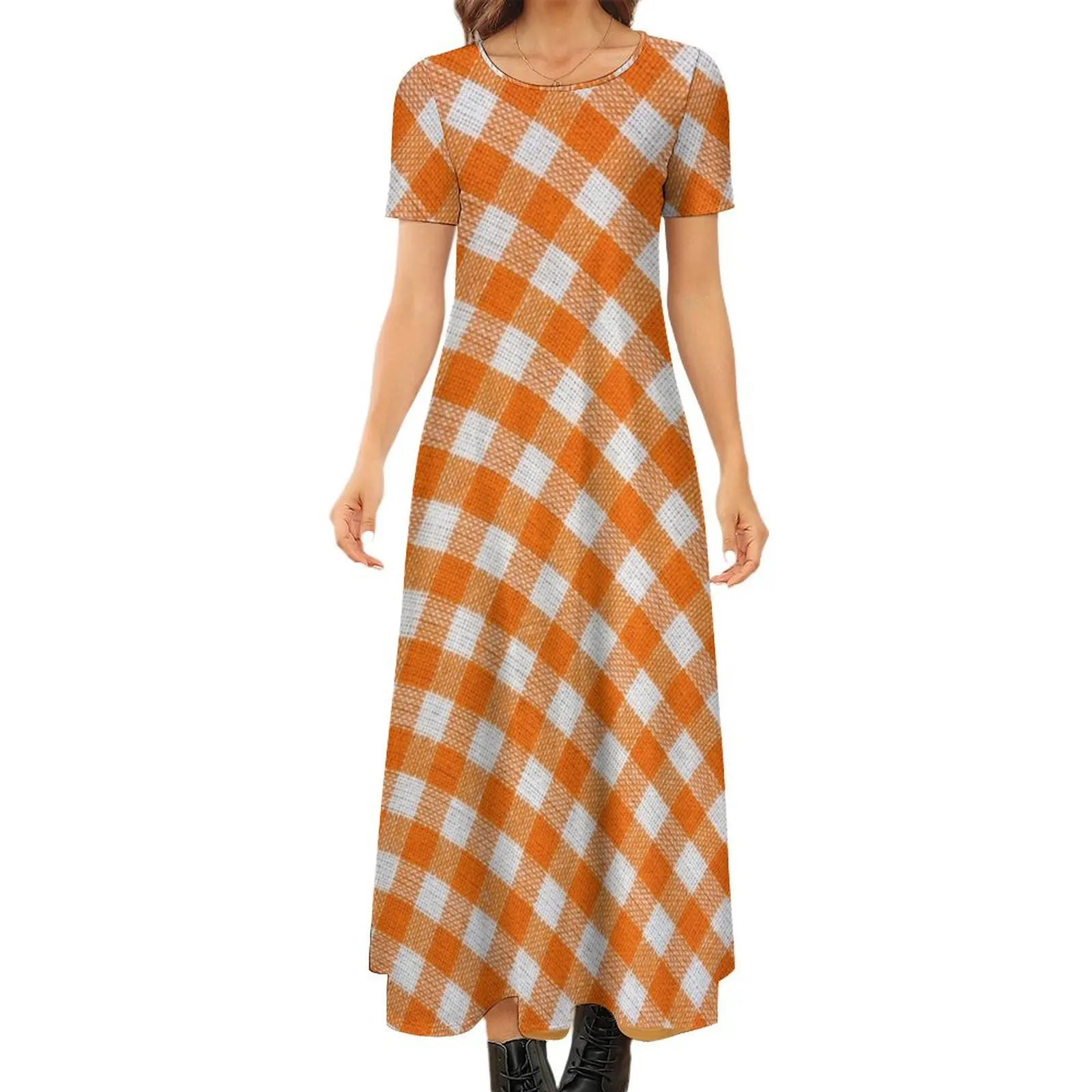 

Orange classic checkered tablecloth texture Round Neck Short Sleeve Dress evening dress ladies dress korean style