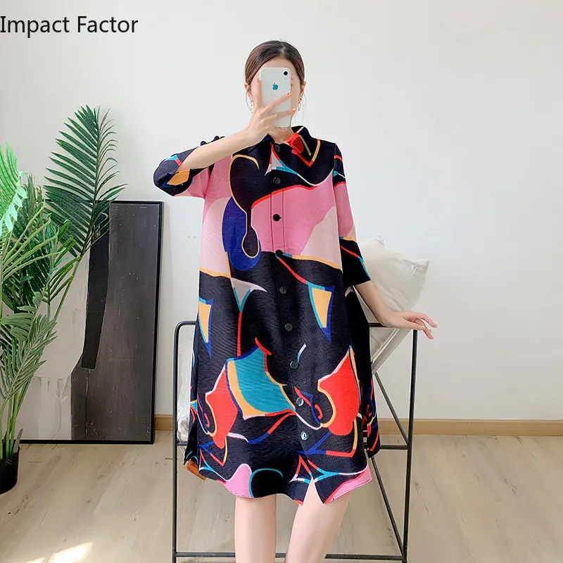 2024 Summer New Pleated Dress Printing Lapel Single Breasted Color Block Fashion Formal Dresses for Women Elegant Clothing