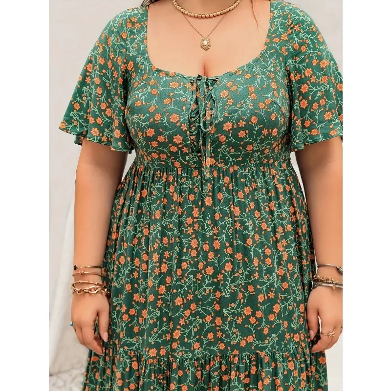 Plus Size Bohemian Long Dress for Women French Collar Adjustable Tie Print in Large Size Ladies Gown with Boho Chic Style