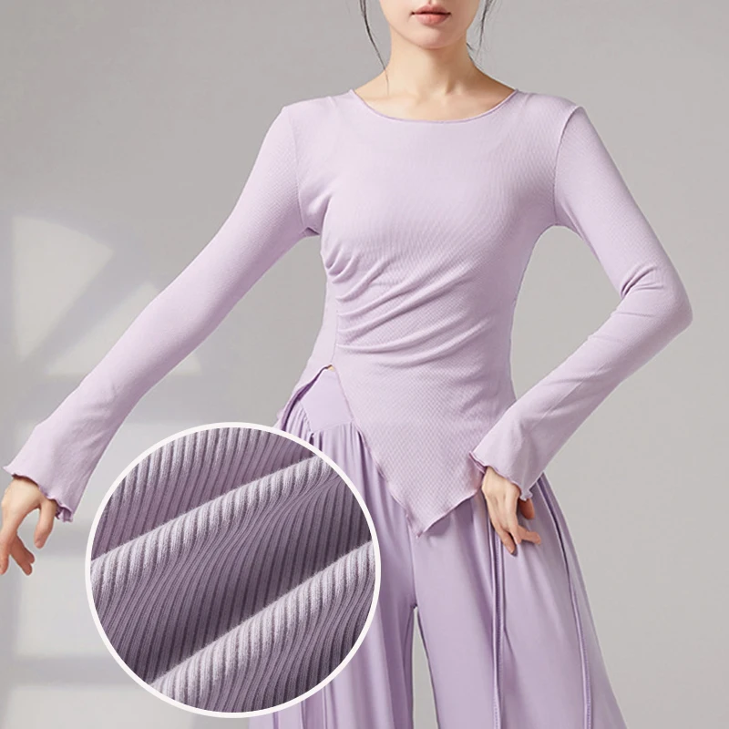 Women Dancing T-Shirt Short Sleeve Ribbed Knit Split Hem Slim Yoga Breathable Top Classical Modern Dance Performance Costume