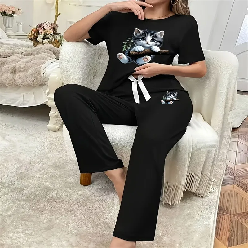 Pyjamas Set for Women's Black Short Sleeve Printed Cat Trousers Student Loungewear Pullover Round Neck Girl Sleepwear Homewear