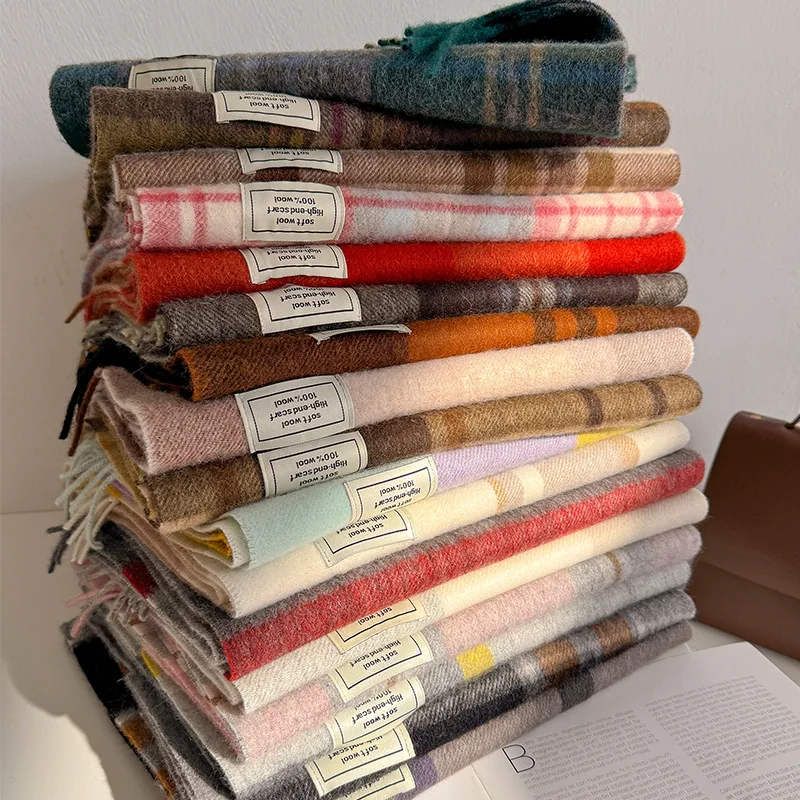 

100% Wool Scarf Women Men 2026 Winter Fashion Versatile British Plaid Pure Wool Neck Scarf Gift Shawl Warm Neck Warmer