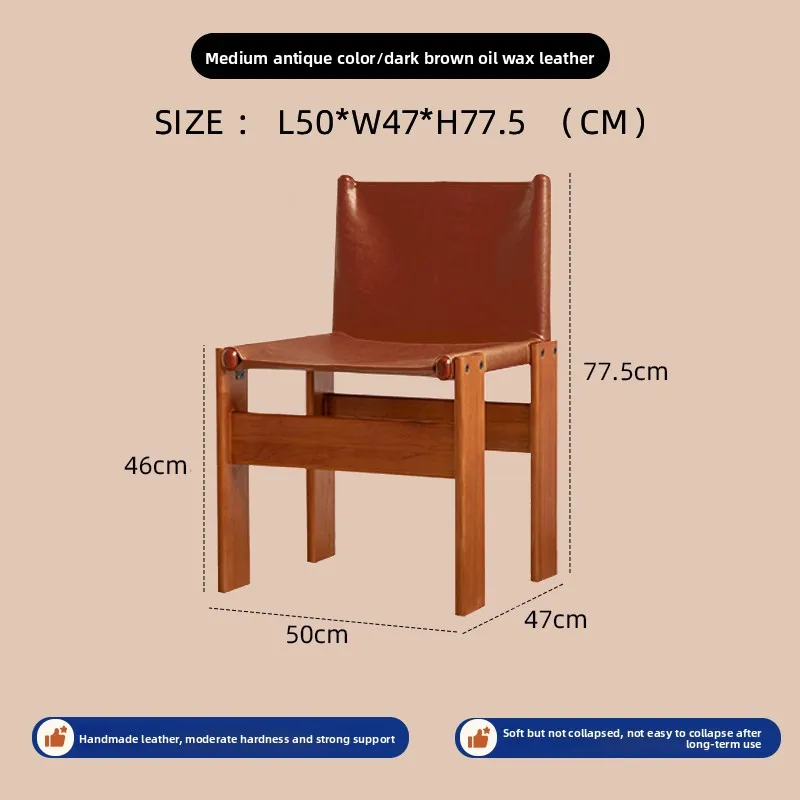 Krzesło do jadalni z litego drewna w stylu mid-century modern, tapicerowane woskowaną skórą, wygodne siedzisko do kuchni, restauracji, kawiarni.