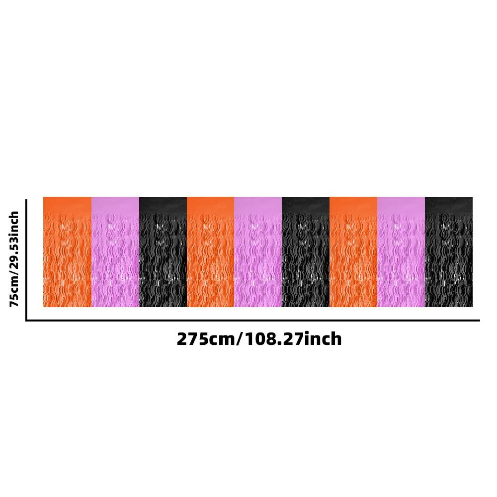 Black Purple Orange Halloween Table Skirt Metallic Tinsel PET Decorative Table Skirt Waving Gradient Foil Fringe Table Skirt