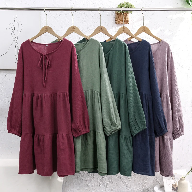 Spring Autumn 100% Cotton Gauze Muslin Dresses For Women Solid Long Sleeve Bandage Ruffles Holiday Beach Party Dress