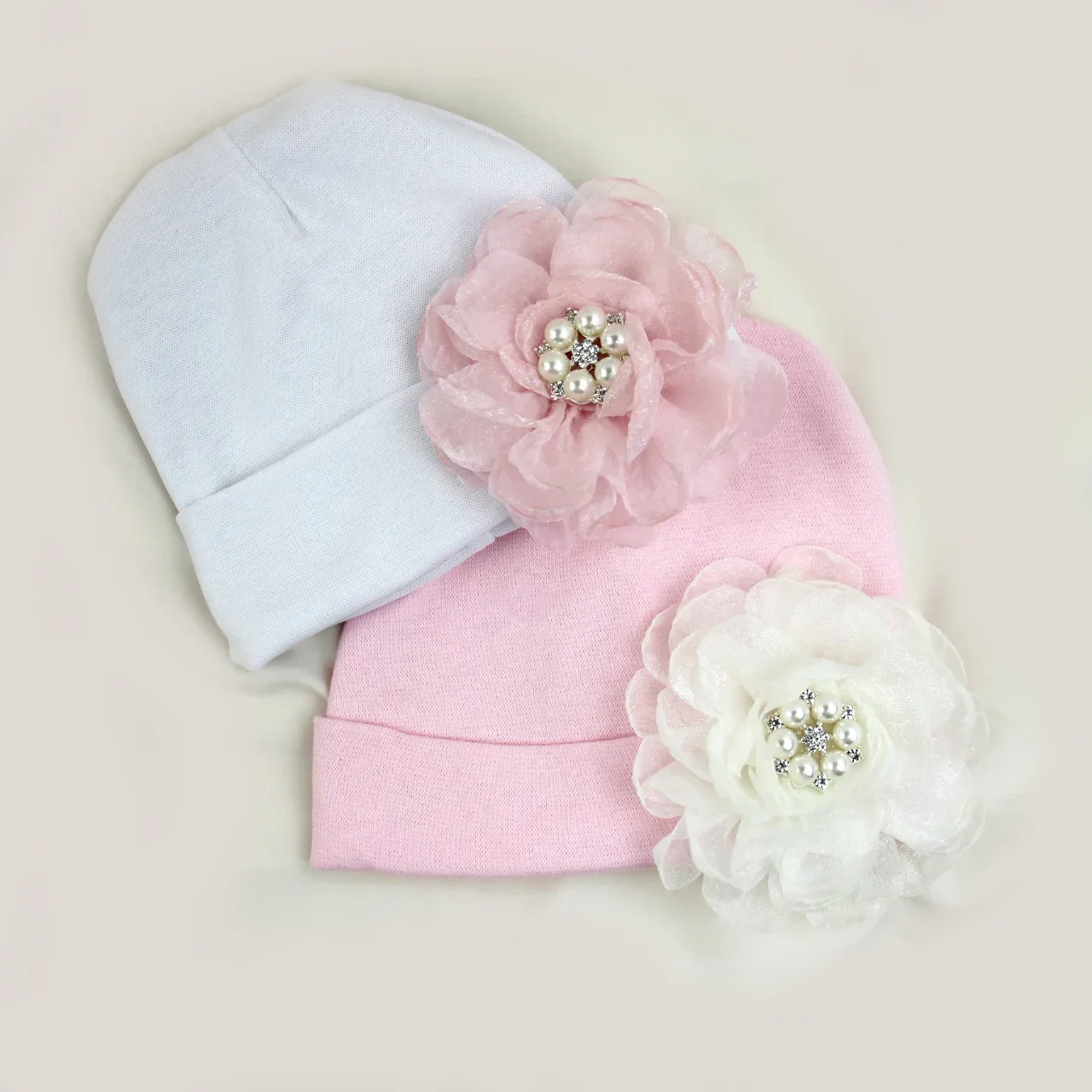 

0-6Months Newborn Cotton Bonnet with Chiffon Flower Diamond Toddler Cap Scarf for Boys Girls Winter Warm Solid Color Children