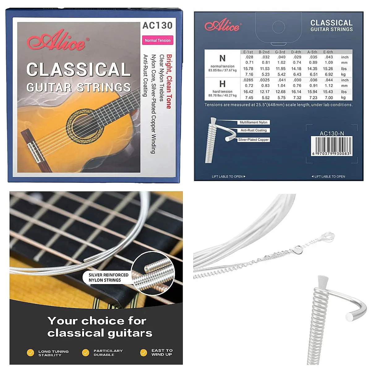 Alice 1Set AC108/130/132/136/139/148/158 N Classical Guitar Strings - 7 Models, Normal Tension, Silver-Plated Copper