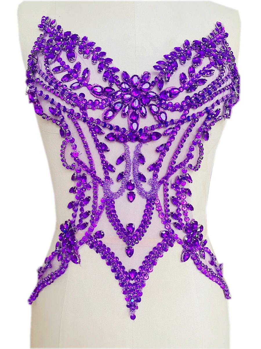 Handmade sew on Rhinestones applique golden crystal trim patches with stones sequins beads for dress