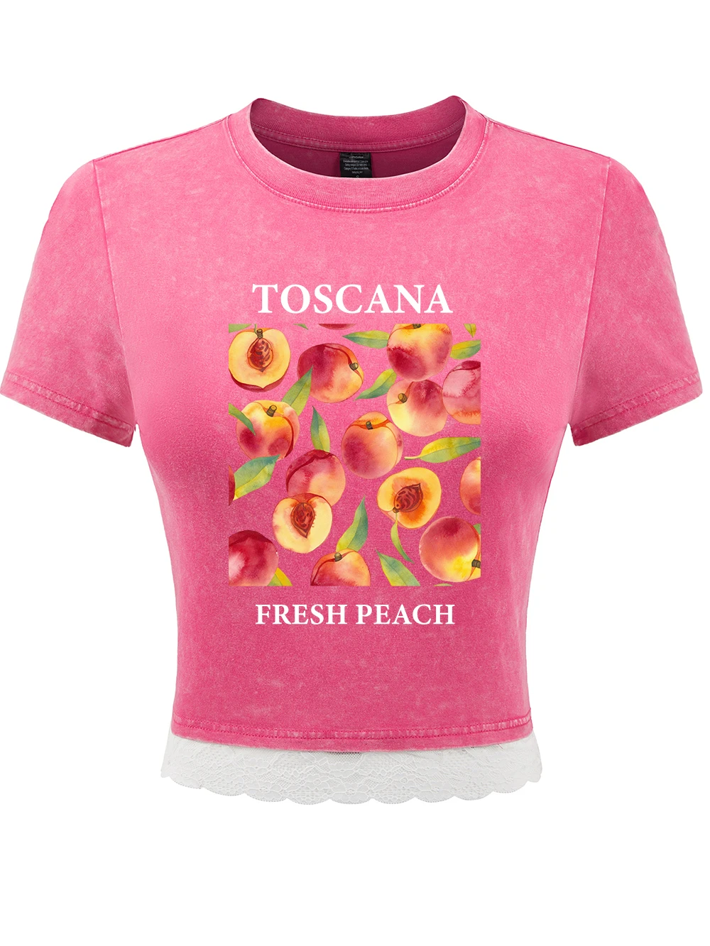 Toscana الطازجة الخوخ طباعة القطن غسلها تي شيرت المرأة الصيف أزياء من الدانتل هيم المحاصيل القمم س الرقبة منتظم صالح تيز ملابس كاجوال