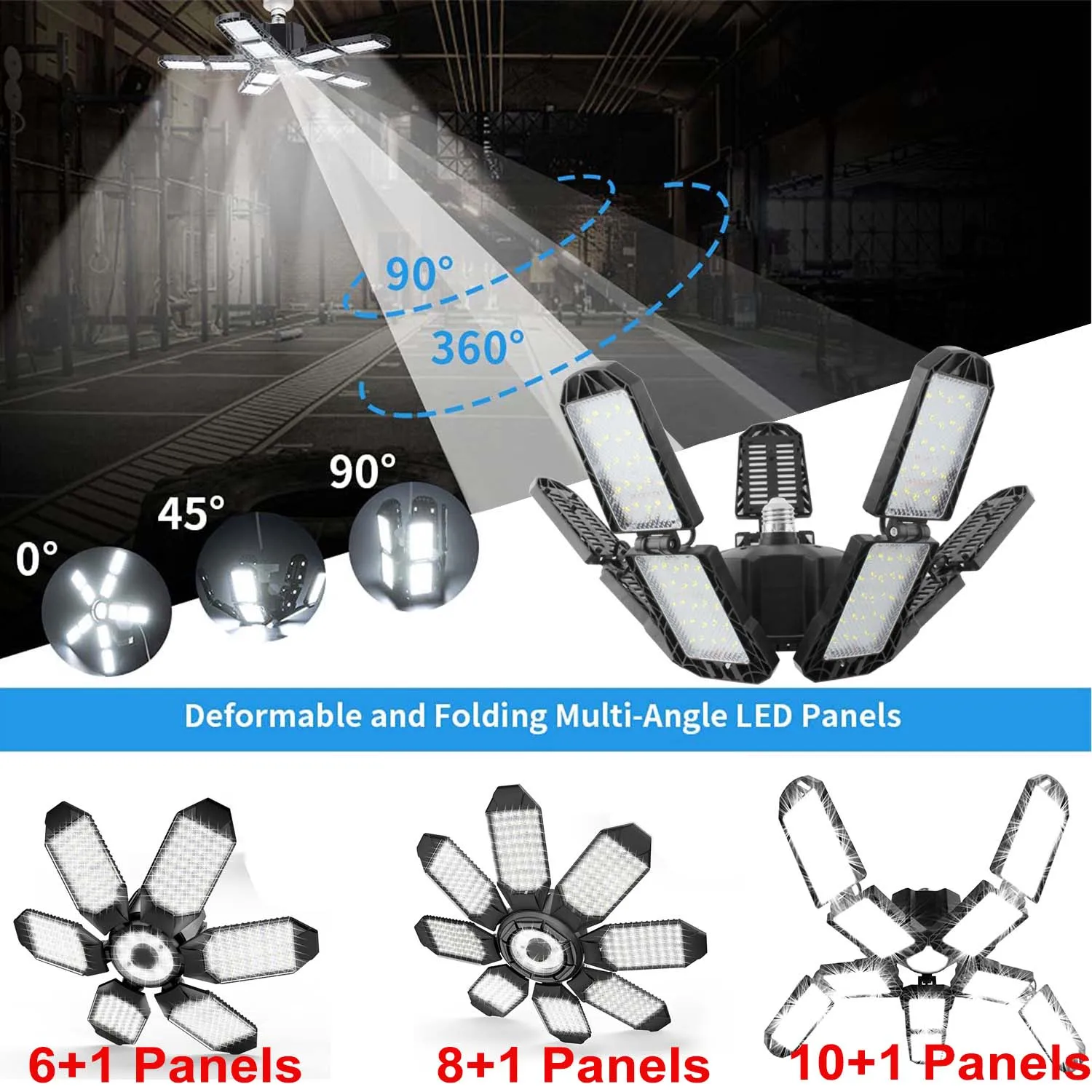 Deformable Ceiling LED Garage Lights, 6500K Shop Light with 6/8/10 Panel E26/E27 Bulb for Warehouse Workshop Industrial Lighting