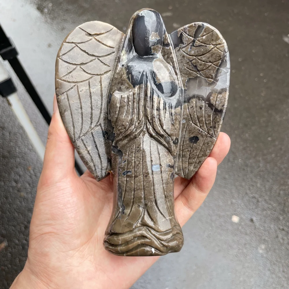 Natural Volcanic Agate Praying Angel Sculpture Crystal Guardian Angel Stone Ornament Meditation Home Decoration Gift