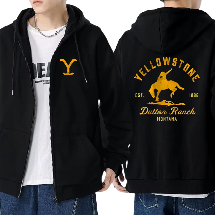 

High Quality Yellowstone Dutton Ranch printed Zipper Sweatshirt Men women fashion Casual black Hoodie Unisex Fleece Jacket Coat