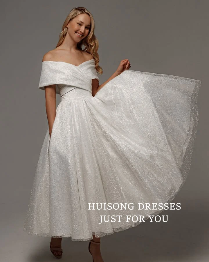 

HUISONG Customized vestidos de novias civil Midi Glitter Tulle Wedding Dress Off Shoulder A-Line Tea-Length Civil Bridal Gown