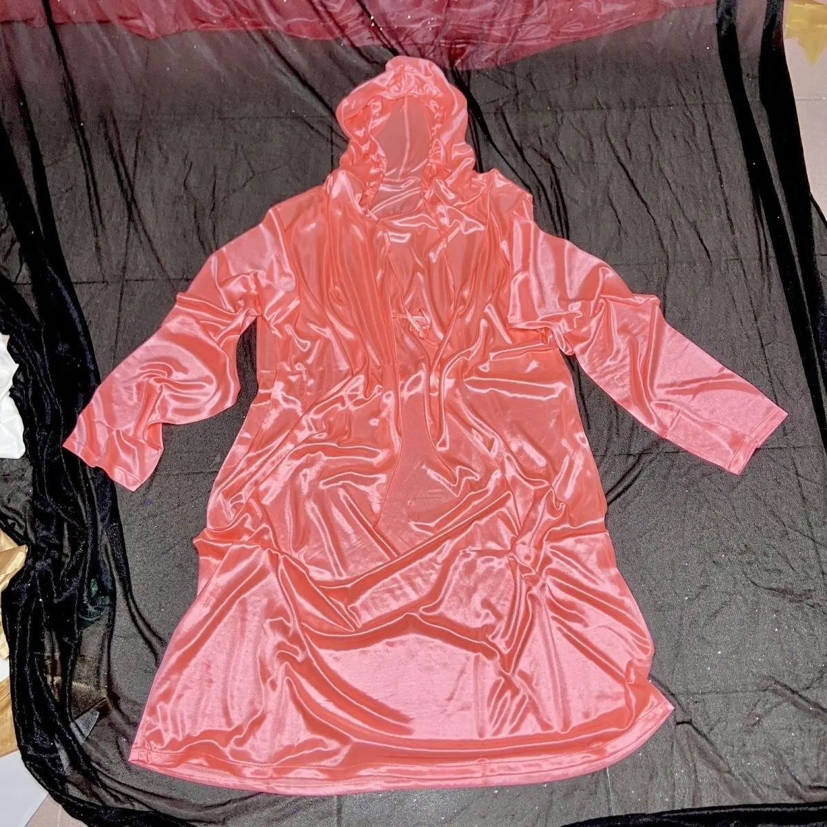 

Men Women Glossy Sexy Satin Silky Smooth Soft Hoodies Midi Dress Long Sleeve Loose Night Dress Sleeping Robe