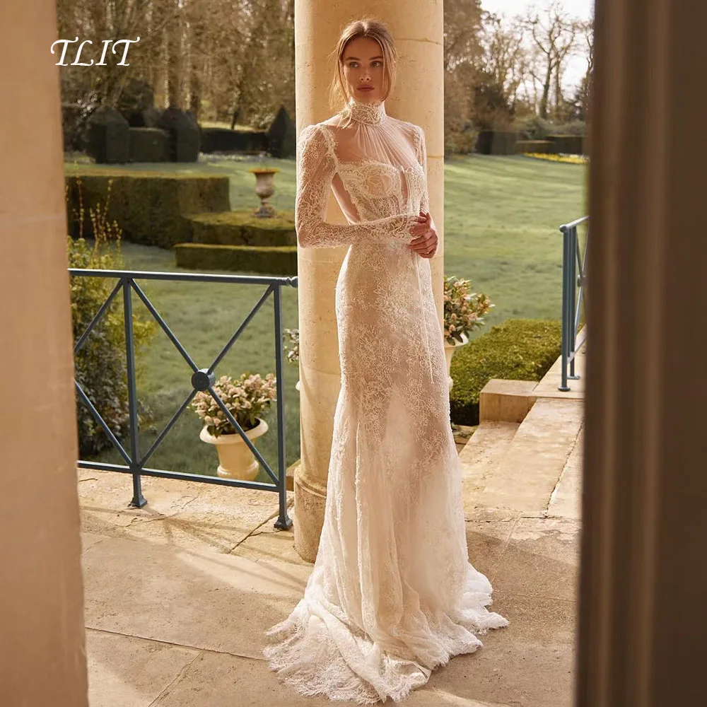 TLIT Luxurious Lace Mermaid Wedding Dresses Customized Long O-Neck  فساتين زفاف Long Lace Sleeve Backless Bridal Gowns
