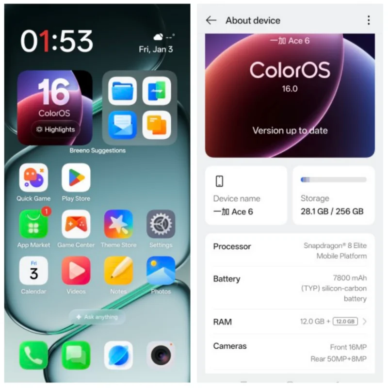 OnePlus Ace6 5G غير مقفول Snapdragon8 Elite 6.83 بوصة AMOLED 165HZ 7800mAh SuperVOOC 120W Charge 50MP Google Ace 6 ColorOS16.0