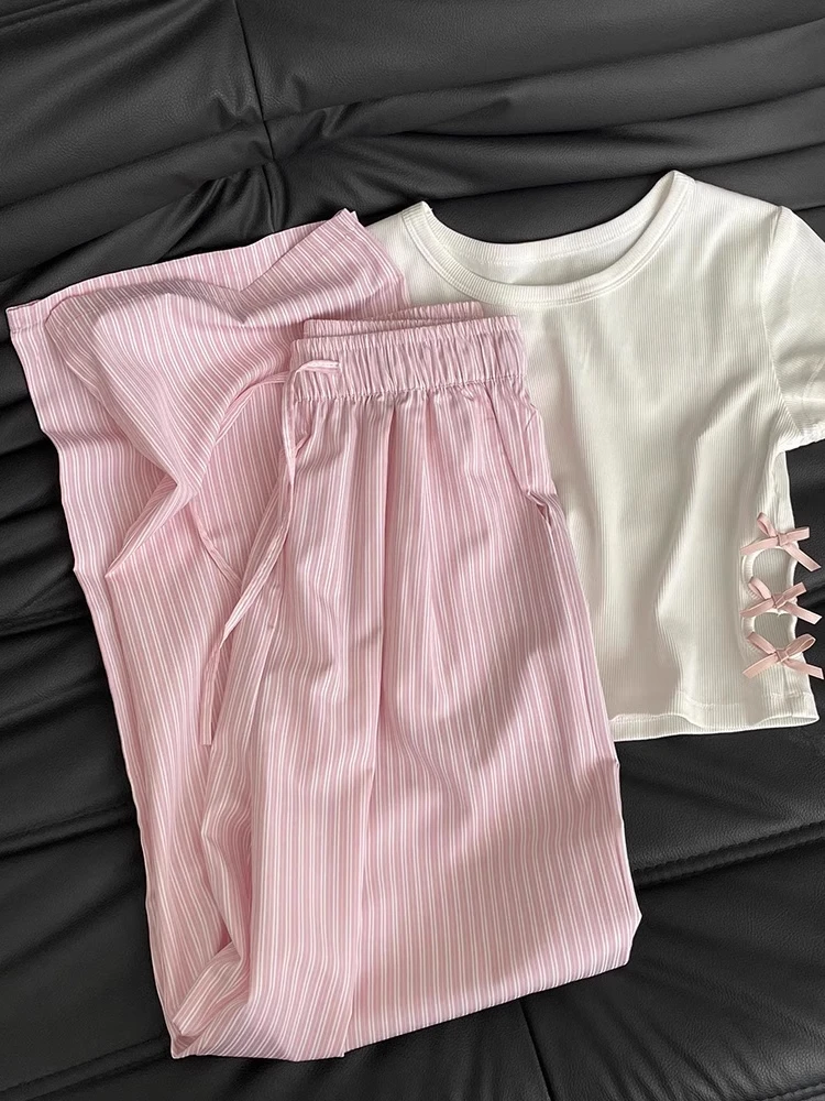 

Pink Ice Silk Stripe Casual Wide Leg Pants Thin Summer Loose Fit plus Size Women's Trousers High Waist Long Pants Commute Sle