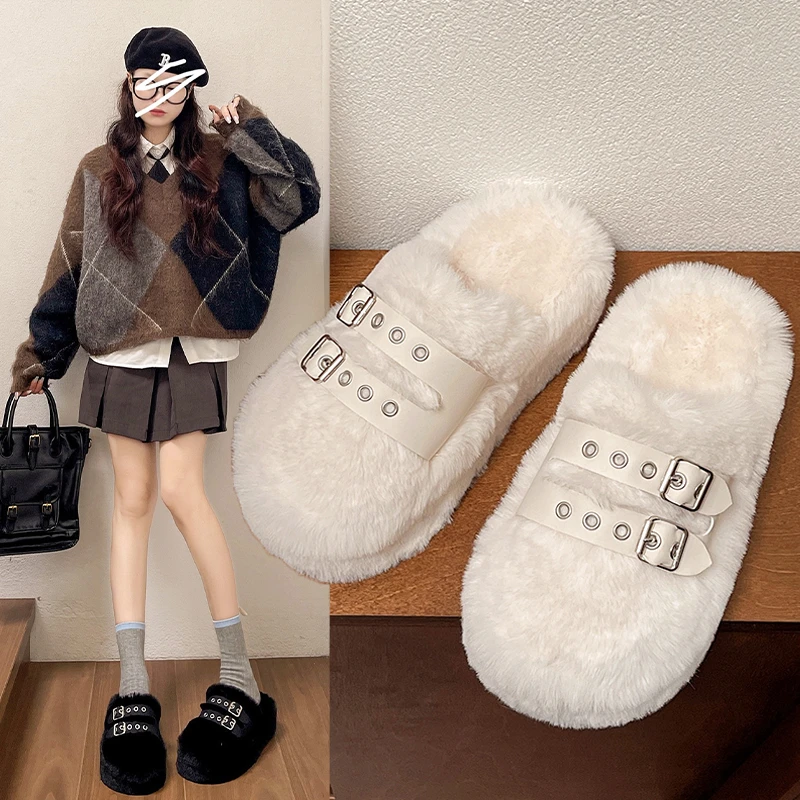 

Women Winter Home Thick Sole Slippers Ladies Casual Slip on Fluffy Plush Lined Shoes Comfortable Indoor Home Slippers Size 35-40