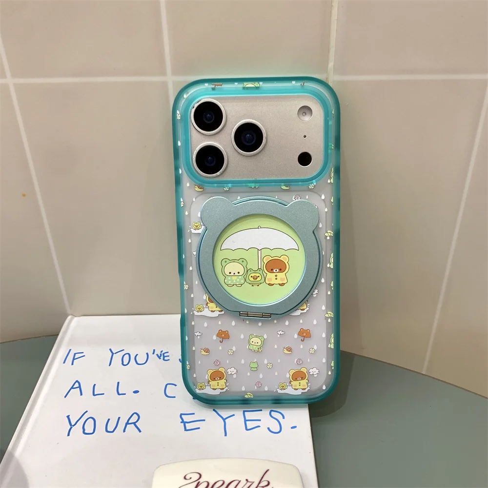

Cute Cartoon Rilakkuma with 360 ° Rotate Stand Phone Case for iPhone 15 Pro 16 Max 15 16 17 Pro Max Fundas Kawaii Shockproof Cas