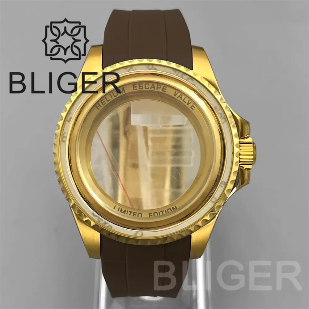 

Корпус часов BLIGER 43 мм, полностью золотой, с сапфировым стеклом, в стиле SEA Homage, с резиновым ремешком и керамическим безелем, подходит для механизмов NH35/ETA PT5000.