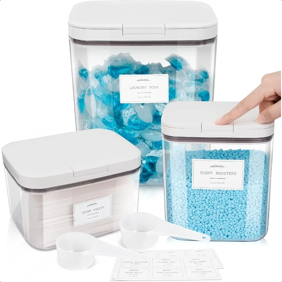 

3-упаковка контейнеров для порошка и держателей для сушильного листа с крышками и этикетками. Герметичная банка для организации и хранения прачечной.
