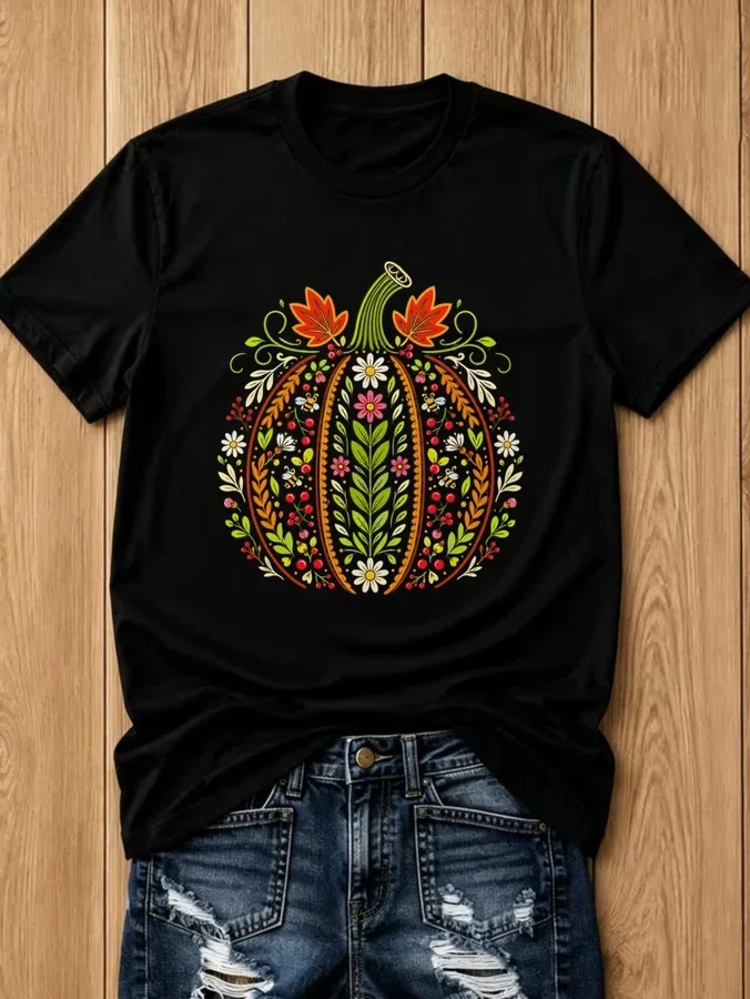 2026 Women Plus Size Summer & Fall Casual T-Shirt, Thanksgiving Folk Art Floral Pumpkin Graphic Print Tee, Loose Crew Neck Short Sleeve Basic Tops For Holiday Daily Outfit