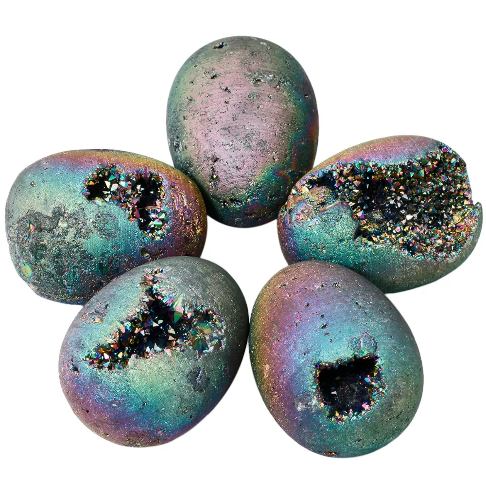 TUMBEELLUWA Rainbow Titanium Coated Druzy Geode Sphere,Crystal Quartz Agate Egg 40x30mm,Sculpture Figurine with Wood Stand