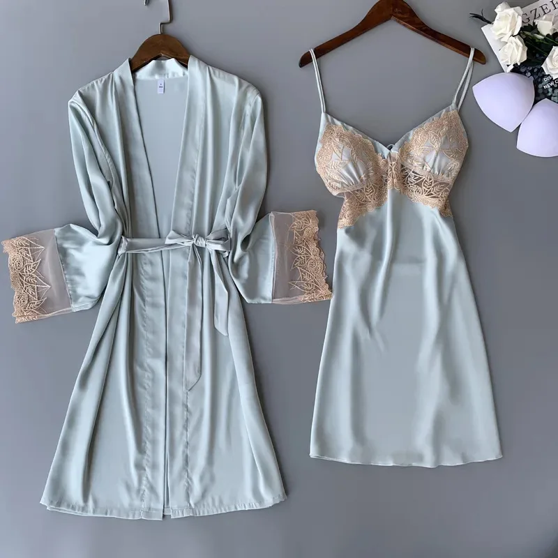 

Lace Trim Ladies 2PCS Robe Set With Bra Intimate Home Dress Sexy V-Neck Strap Nightgown Casual Sleepwear Spring Autumn Nightwear