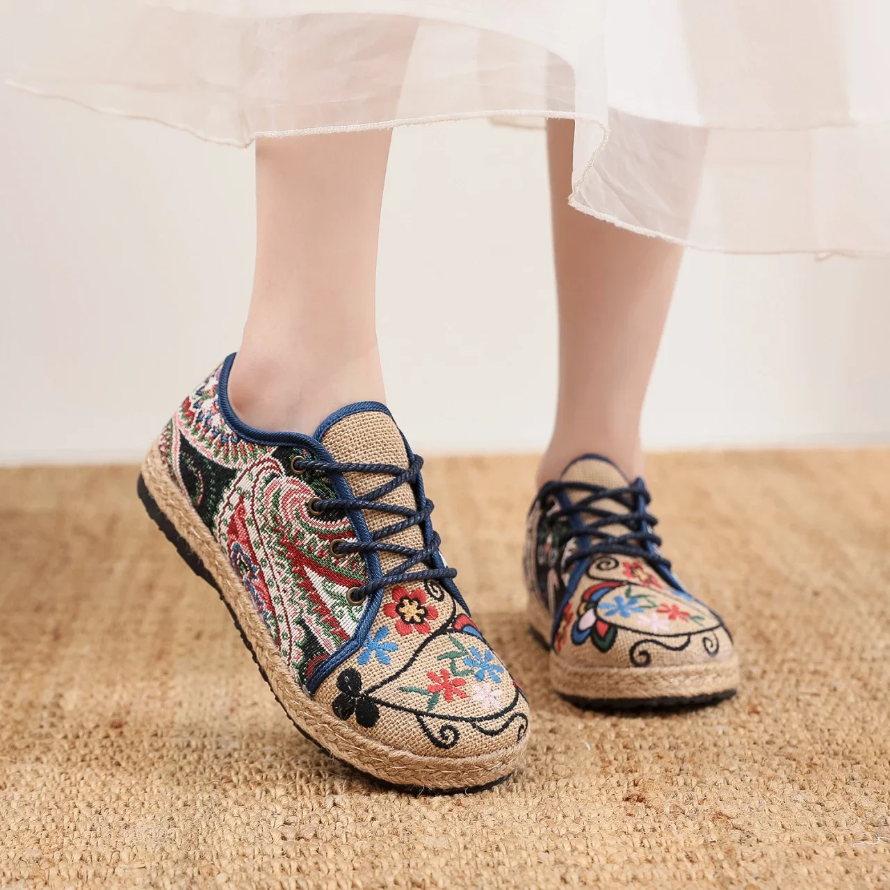 Women Shoes  Round Head Cotton Linen Canvas Single 2024 National Woven Round Toe Lace Up Cloth Shoes Woman Flats Size 35-40