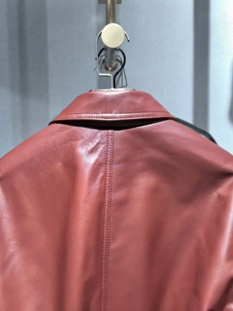 مكتب أنثى جلد طبيعي طويل الأكمام بلون التلبيب سترة قصيرة واحدة الصدر جيب الزنانير معطف فضفاض من جلد الغنم