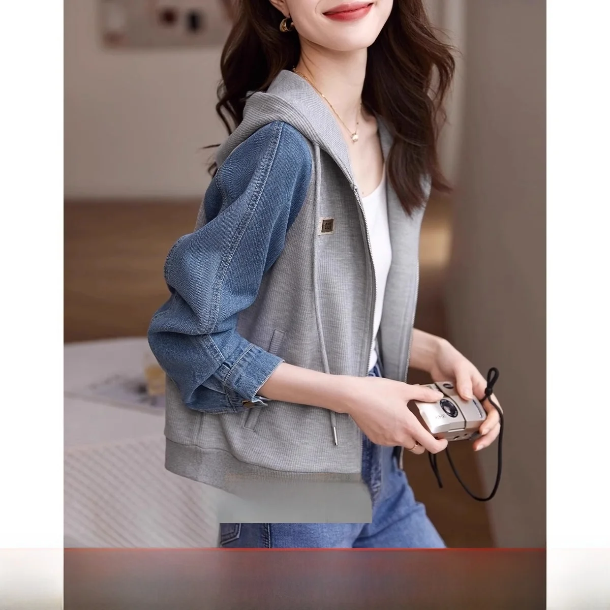 ملابس خارجية غير رسمية من قماش الدنيم بقلنسوة Jaet Dstring ملابس خارجية متعددة الاستخدامات من ألياف البوليستر عالية الجودة طويلة Sve V-ne Commute Sle