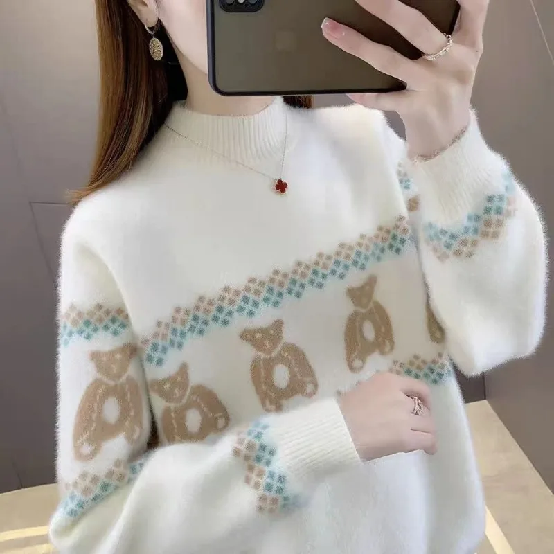 Women's Autumn Winter Pullover Turtleneck Cartoon Plaid Solid Flocking Long Sleeve Sweater Knitted Undershirt Elegant Tops