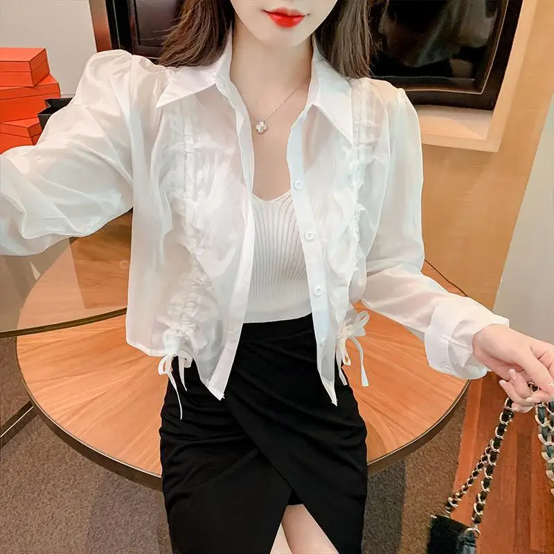 Shirts Women Sheer Shirring Special Sunscreen Leisure Seductive Basic Creativity Graceful Korean Style Ladies Vintage Breathable