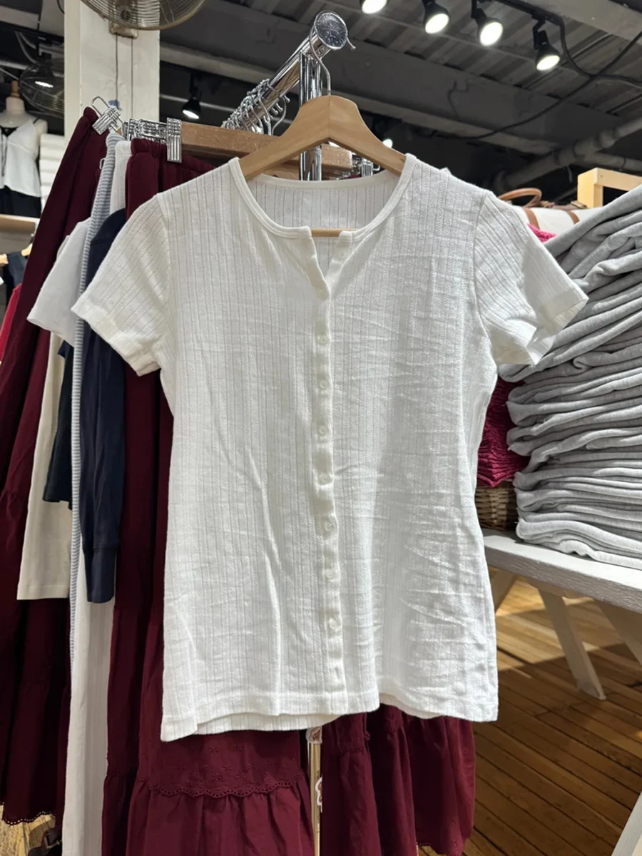 White Eyelet Short Sleeve T-shirt Woman Summer Round Neck Single Breasted Cotton Knitweaer Tops Casual Vintage Solid Slim Tees