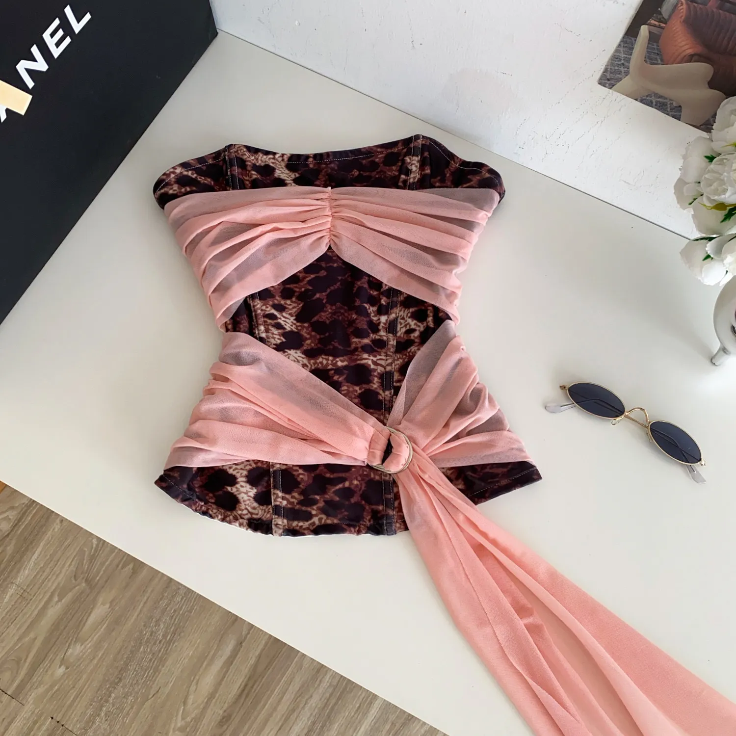 leopard Print mesh Ribbon Tube Top Sexy  Corset Bustier Camis Tank Top Slim  Summer Women Party Crop Top streetwear