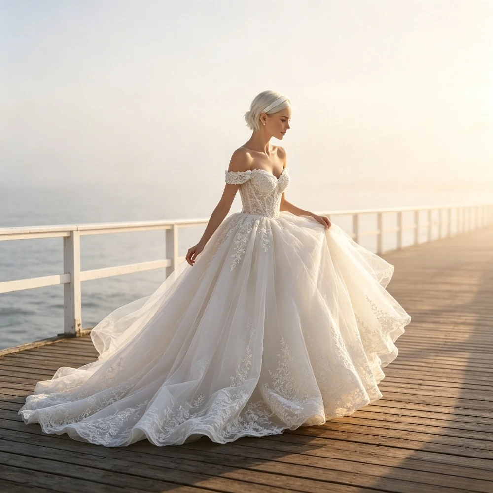 Customized Luxury Off Shoulder Lace Applique Wedding Dress Sweetheart Neckline and Romantic Fluffy Bridal Gown 2026 New Style