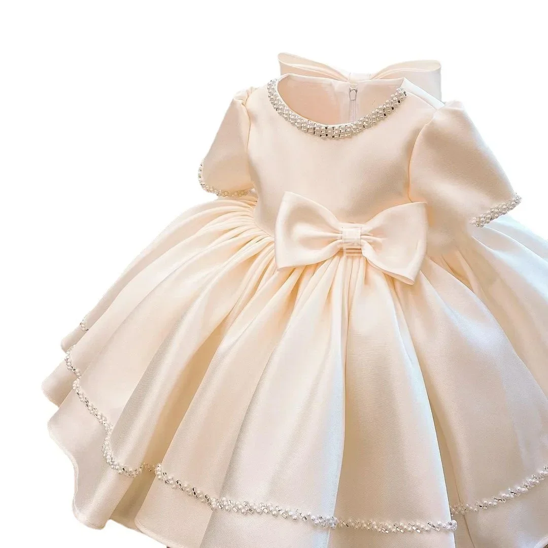 Girl Dress Princess Children's Small Host Baby Dress Girl Solid Pearl Bow Princess Party Birthday Dresses Sweet Dress Vestidos