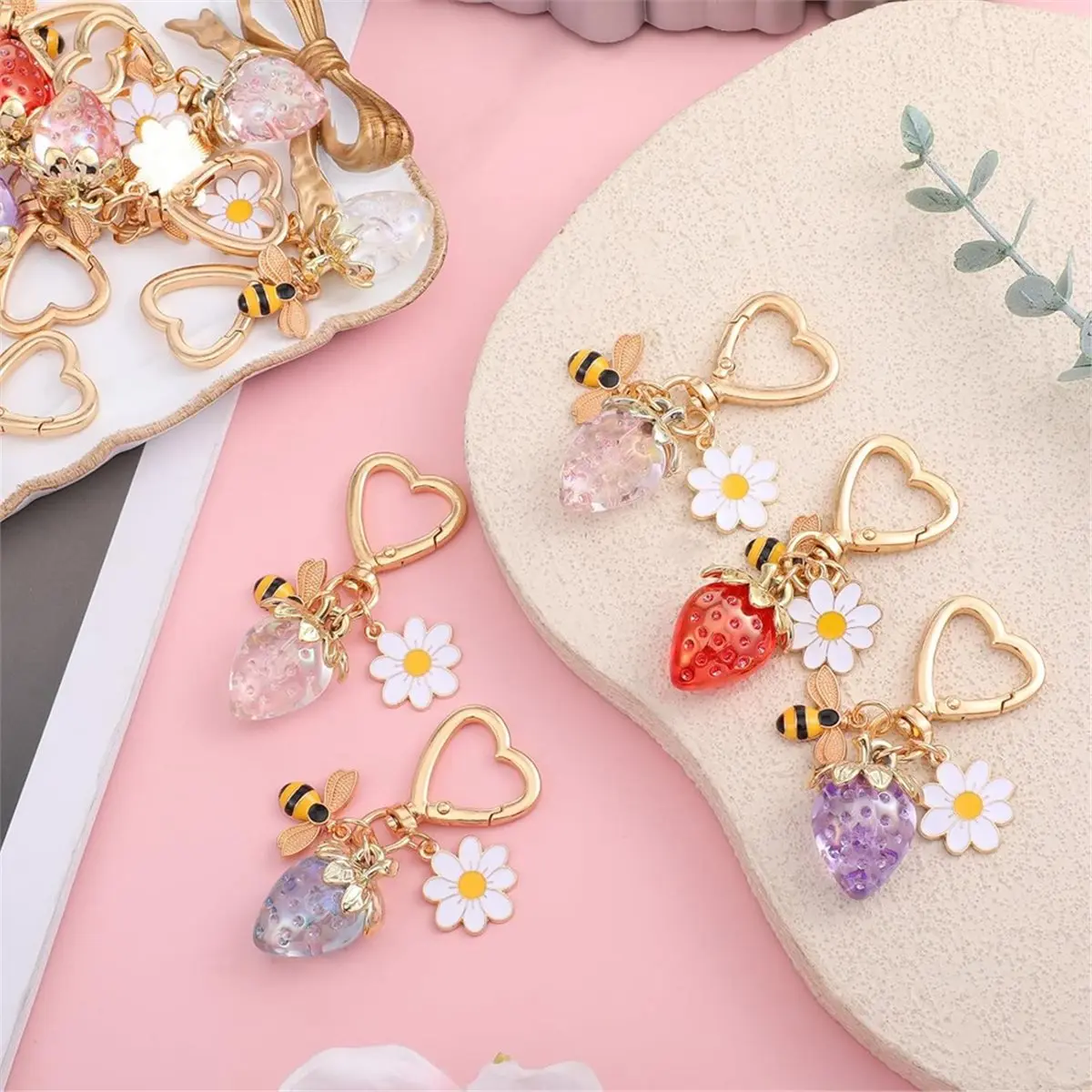 20 Pack Strawberry Bag Charms Set, 4 Colors Cute Strawberry Keychain Accessories for Girls Bags