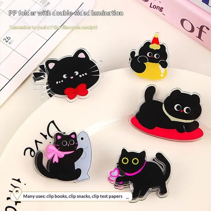 New Cartoon Black Cat Acrylic PP Clips Waterproof Clear Pattern Durable For School Office Scrapbooking Stationery