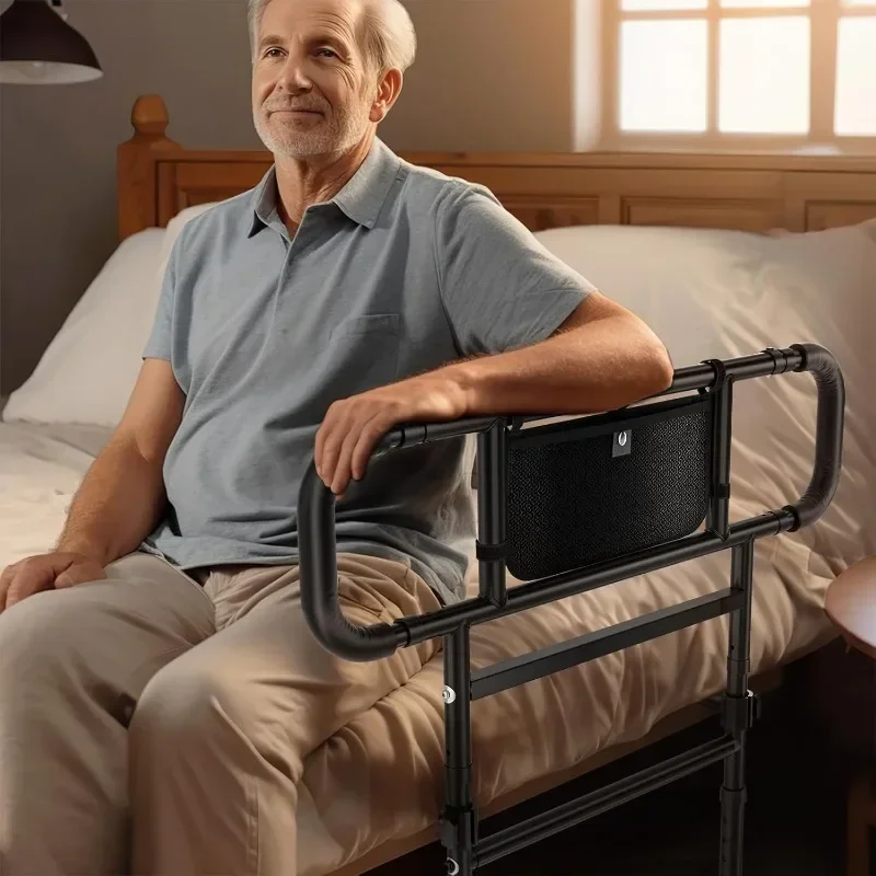 Bed Rails for Elderly Adults Safety Foldable  Adjustable Heights, Storage Pocket& Safety Belt, can Withstand 450LB