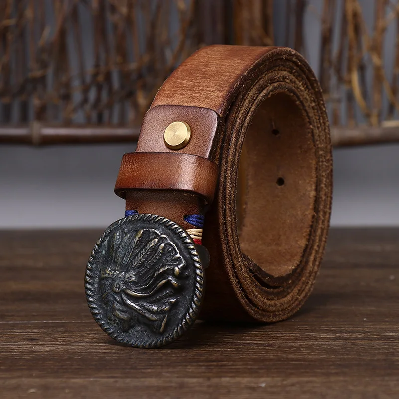 3.3 CM Pure Cowhide Matte Designer Genuine Leather Belt for Men's Jeans Vintage Brass Smooth Buckle Belts Cowboy Waistband Male