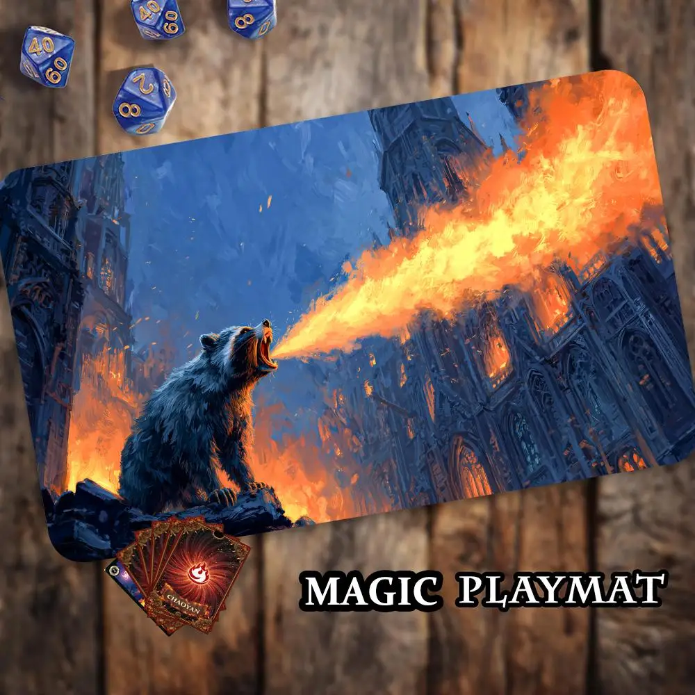 Fierce Fire Raccoon TCG Playmat Magic Card Mat with Stitched Edge Non-Slip Durable Tabletop playmat Board Game Mat for TCG