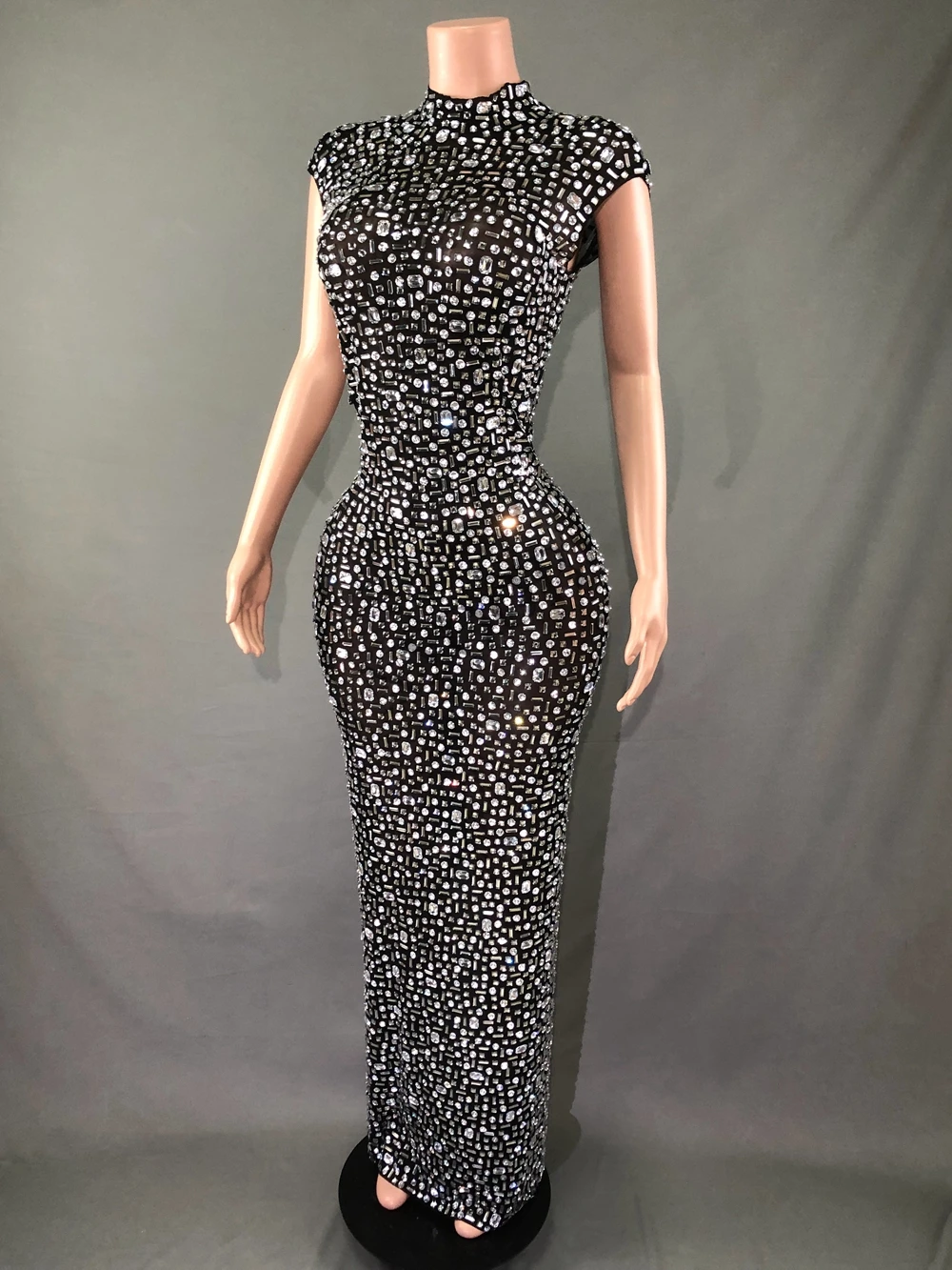 Sparkly Rhinestone Sleeveless Black Long Dress for Women Sexy Mesh Celebrate Evening Prom Birthday Dress Photo Shoot Show Wear