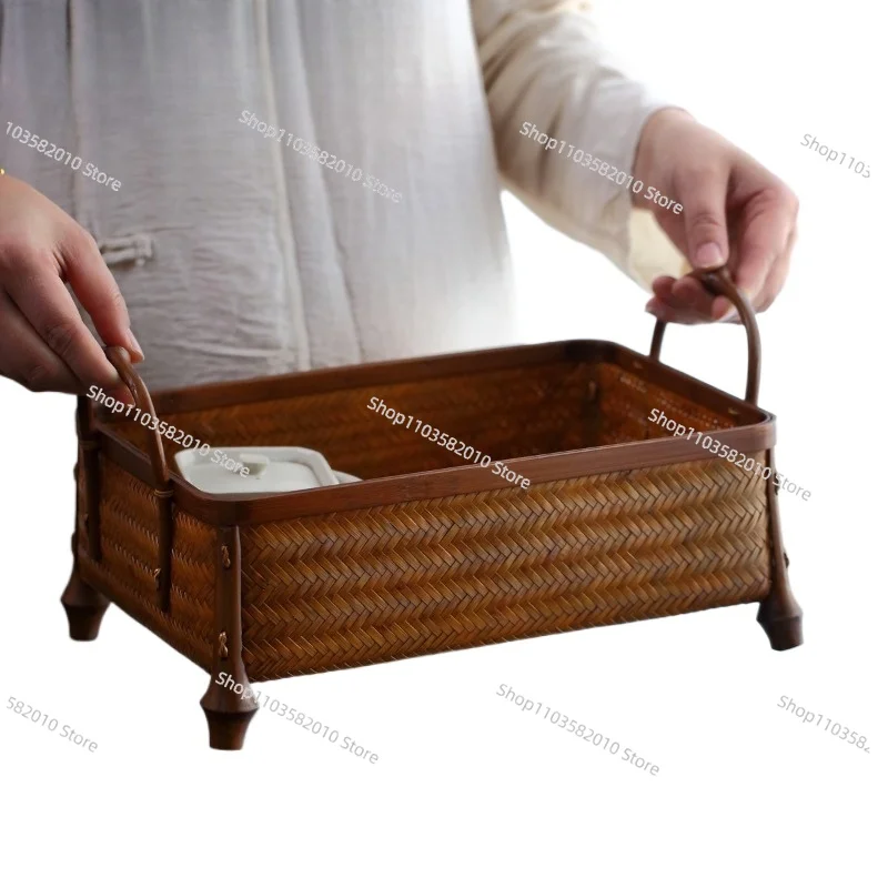 Bamboo Zen Storage Basket, Large Lacquer Woven Tea Set Desktop Organizer