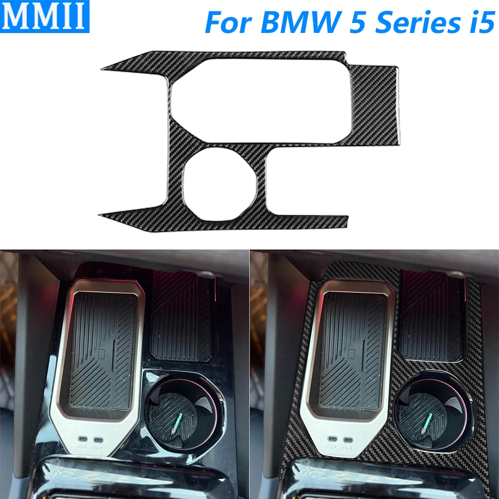 

For BMW 5 Series i5 G60 G68 2024 2025 Carbon Fiber Gear Shift Stall Water Cup Holder Panel Trim Cover Car Accessories Sticker