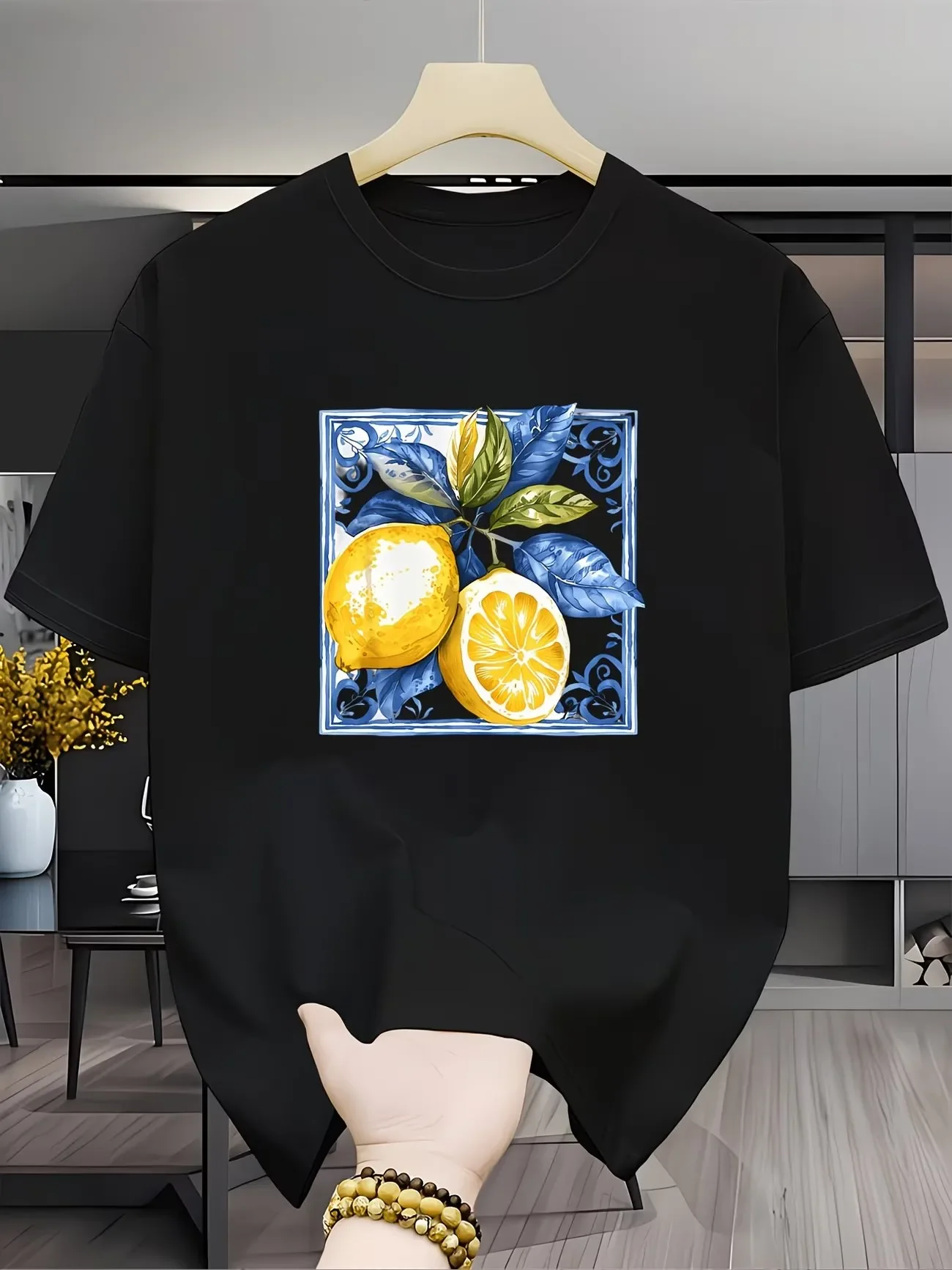 Vintage Lemon Blue Tile Graphic Top Mediterranean Mosaic Art Tee Women Trendy Aesthetic Casual Short Sleeve Round Neck Women Tee