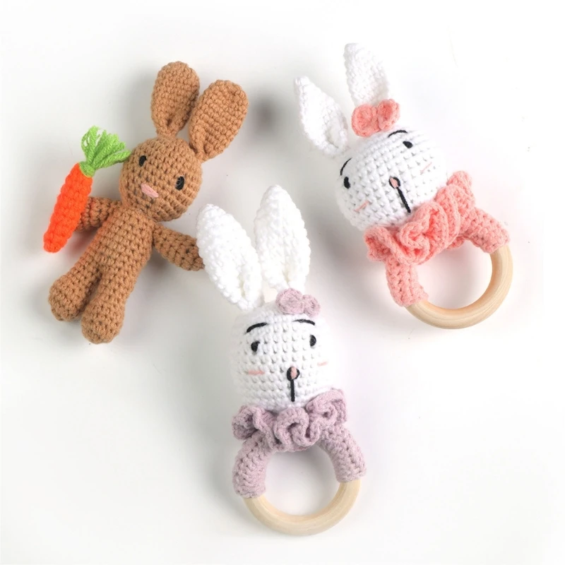 Newborns Teether Crochet Rattle Rabbit Baby Teething Toy Infant Shower Gift