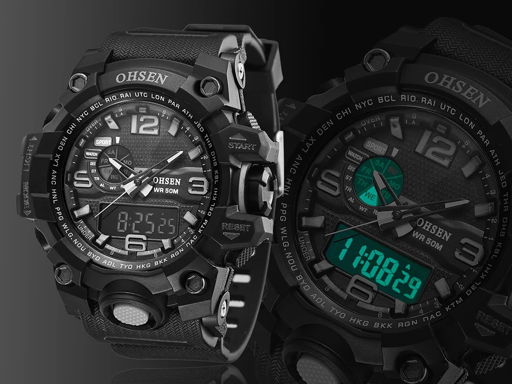 OHSEN Digital Quartz Men's Watch Reloj Hombre Military Black Waterproof Sport Watches Fashion Electronic Shock Man Wristwatch