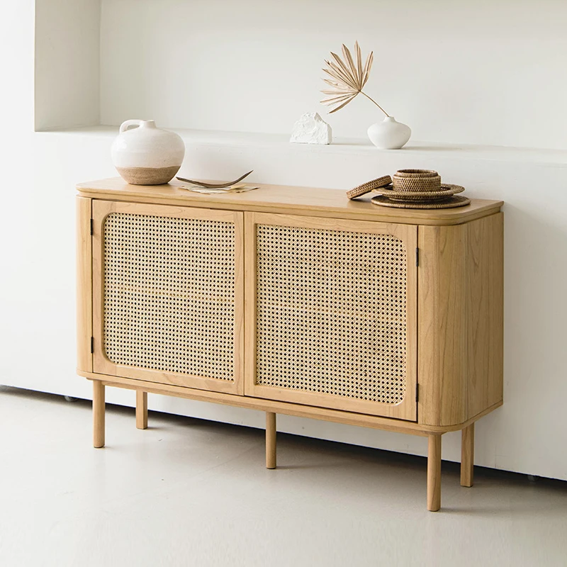 Solid wood dining side cabinet rattan living room decorative cabinet against the wall storage modern simplicity
